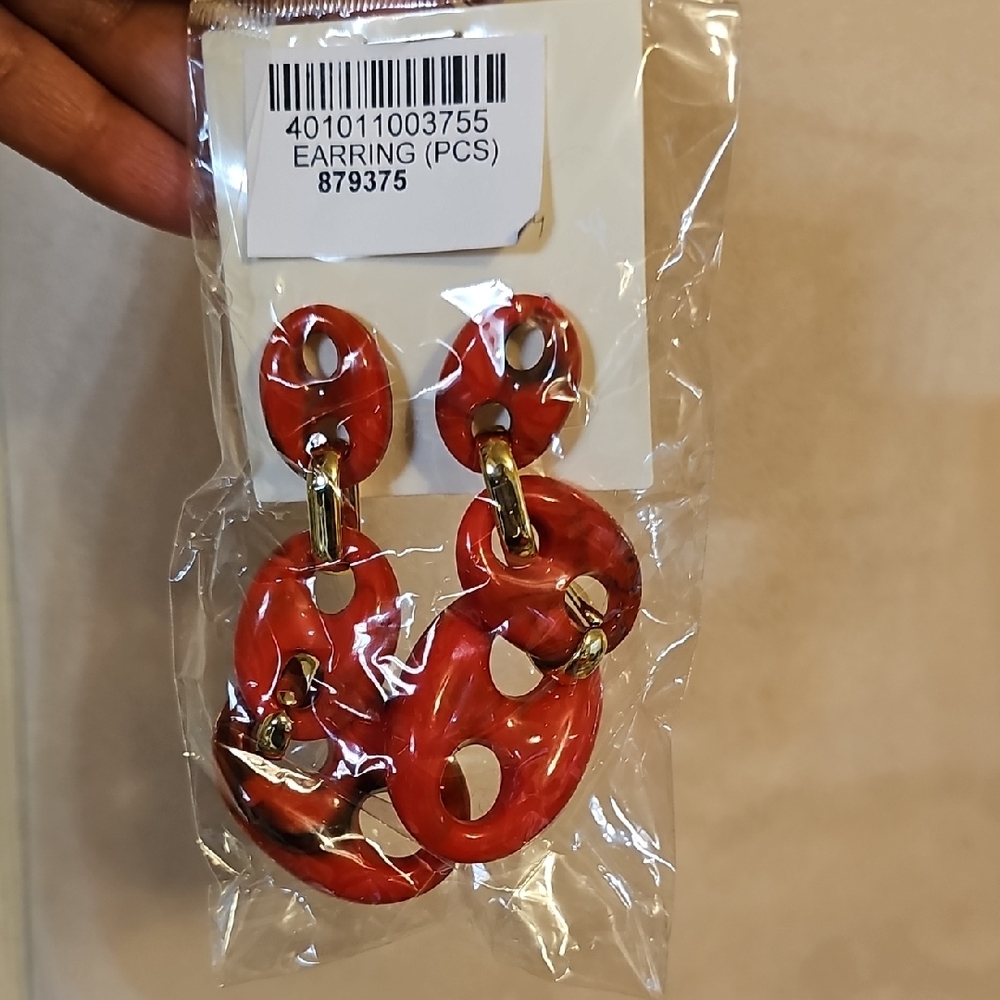 Gold-Accented Red Resin Link Drop Earrings